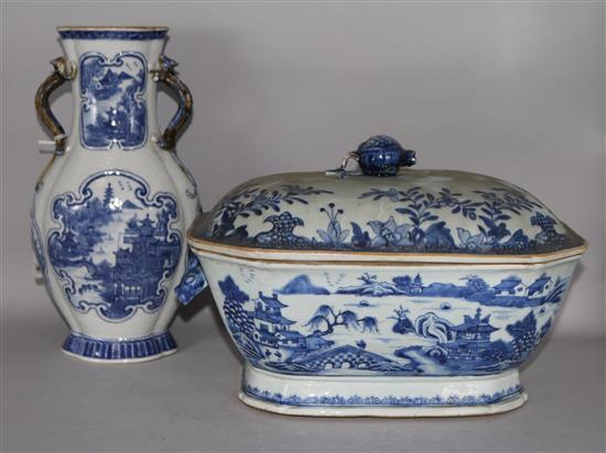 A Chinese blue and white vase, 28.5cm and a similar tureen and cover, 32cm (vase handle damaged, tureen handle lacking)